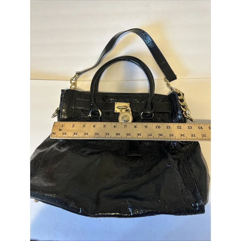 Michael Kors Black Large Satchel Top Handle Lock Chain Strap Gold Hardware